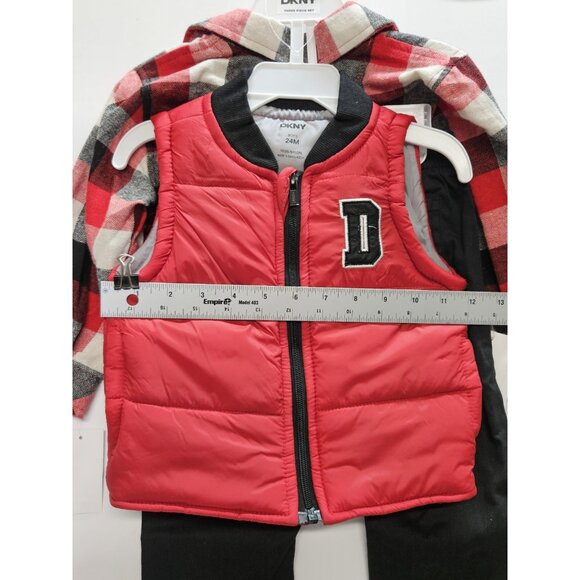 DKNY  Size 24M Set Of 3, Red Vest/ Black Pants/ Red Plaid Button Up Long Sleeve - Picture 14 of 16
